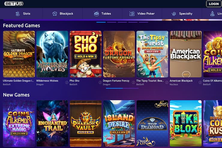 Main screen from BetUS, a top choice among online casinos that accept gift cards.